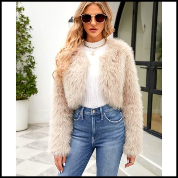 Cropped Faux Fur Jacket Long Sleeve Open Front Chic Winter Coat Y2K - Picture 4 of 7